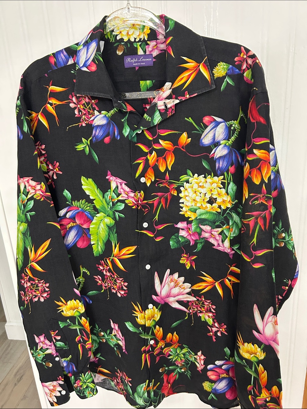 Ralph Lauren Purple Label Black Tropical Floral Button-Up Shirt